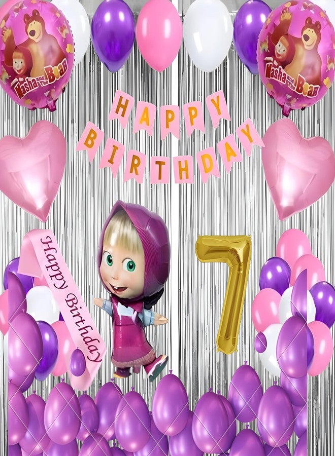 GROOVY DUDZ GROOVYDUDZ Birthday Decoration Kit for Girls - 52 Pcs | Masha Theme Party Supplies | Happy Birthday Banner, Balloons, Curtains, Foil Numbers, Masha Foil Balloon, Heart Balloons, Sash & More (3 Year) - Image 4